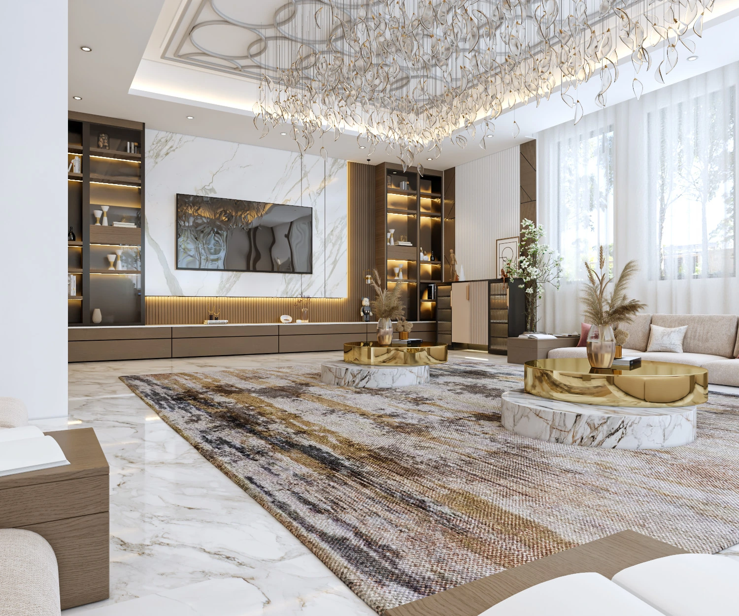 تصميم مجلس معاصر واسع بإضاءة فنية وخامات فاخرة